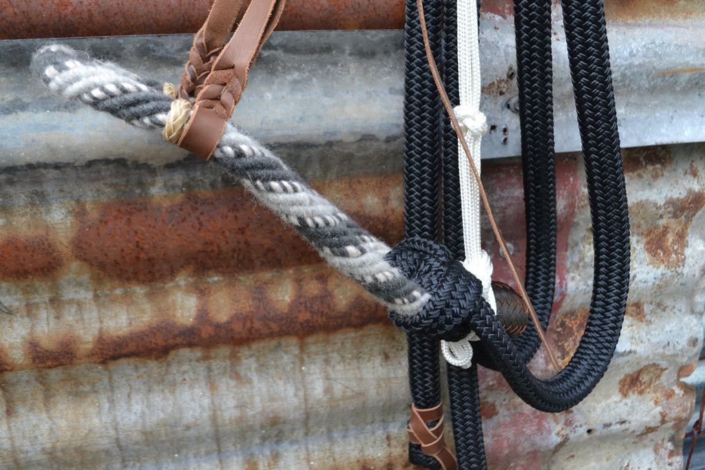 Cates Rope Loping hackamore: dark and light grey rope nose band