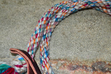 Loop reins: Taupe, pink, orange and two tones of blue in the "Lollipop"  pattern. Small.