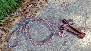 Loop rein: Burgundy, white and grey in " salt and pepper" pattern. Small.