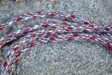 Loop rein: Burgundy, white and grey in " salt and pepper" pattern. Small.