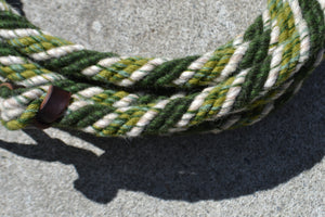 Dark green, mid green and cream mecate in the "Mahia" pattern