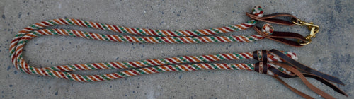 Split Reins: Green, orange and red barber pole pattern. Medium