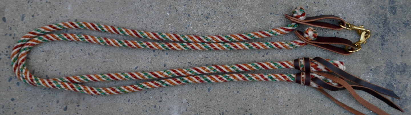 Split Reins: Green, orange and red barber pole pattern